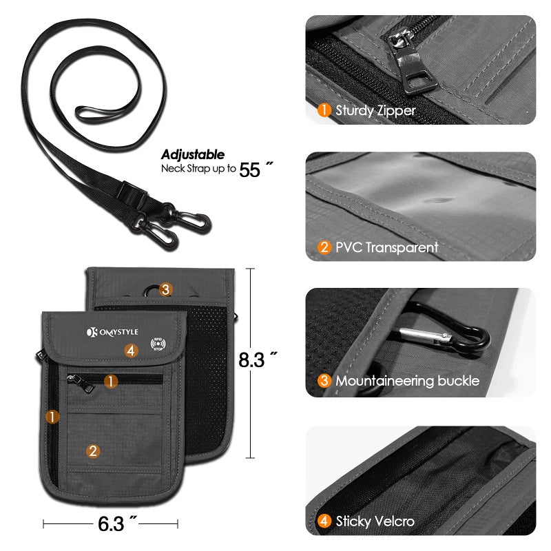 OMYSTYLE Neck Wallet, RFID Passport Holder for Travel, Adjustable Neck Strap, Waterproof Neck Pouch for Men & Women to Keep Cash, Credit Cards and Documents Safe, Grey (8x6) - Image 5